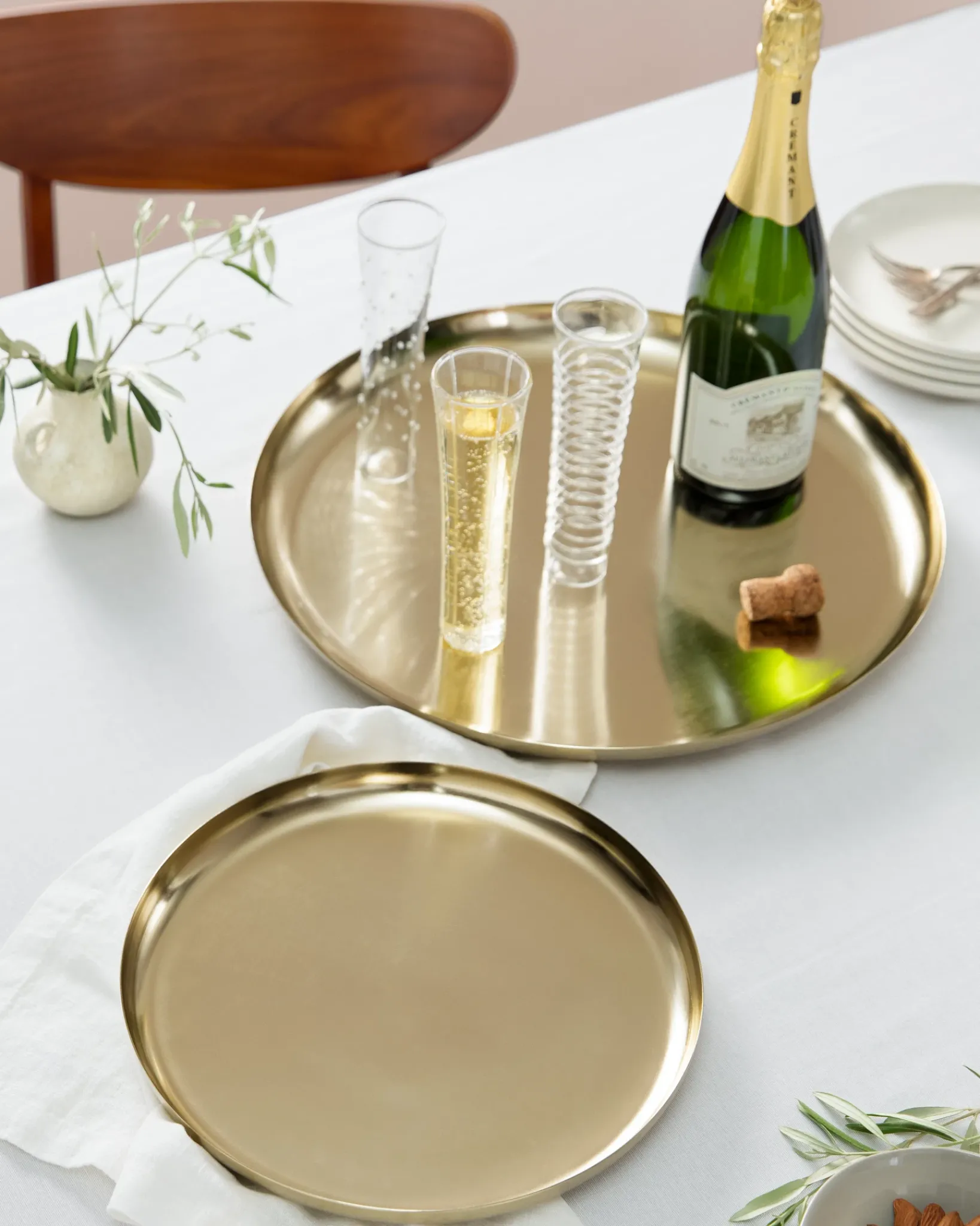 New Brushed Brass Serving Trays Platters & Drinkware