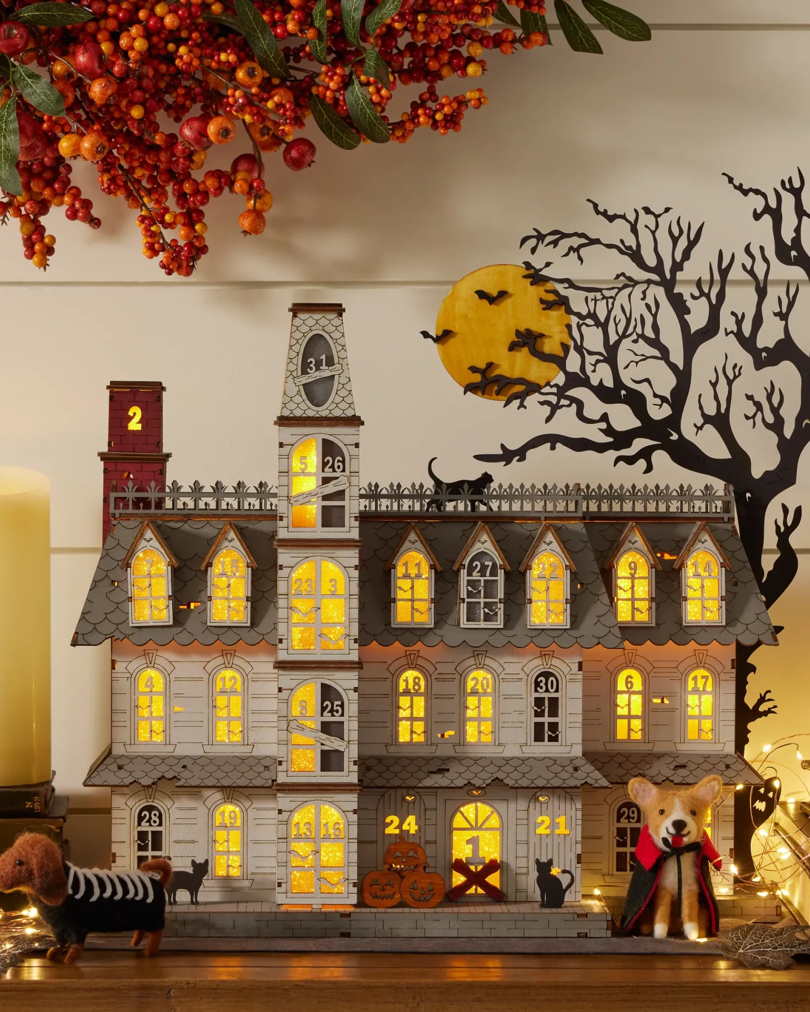 Hot Lit Wooden Halloween Countdown Calendar Decorative Accents
