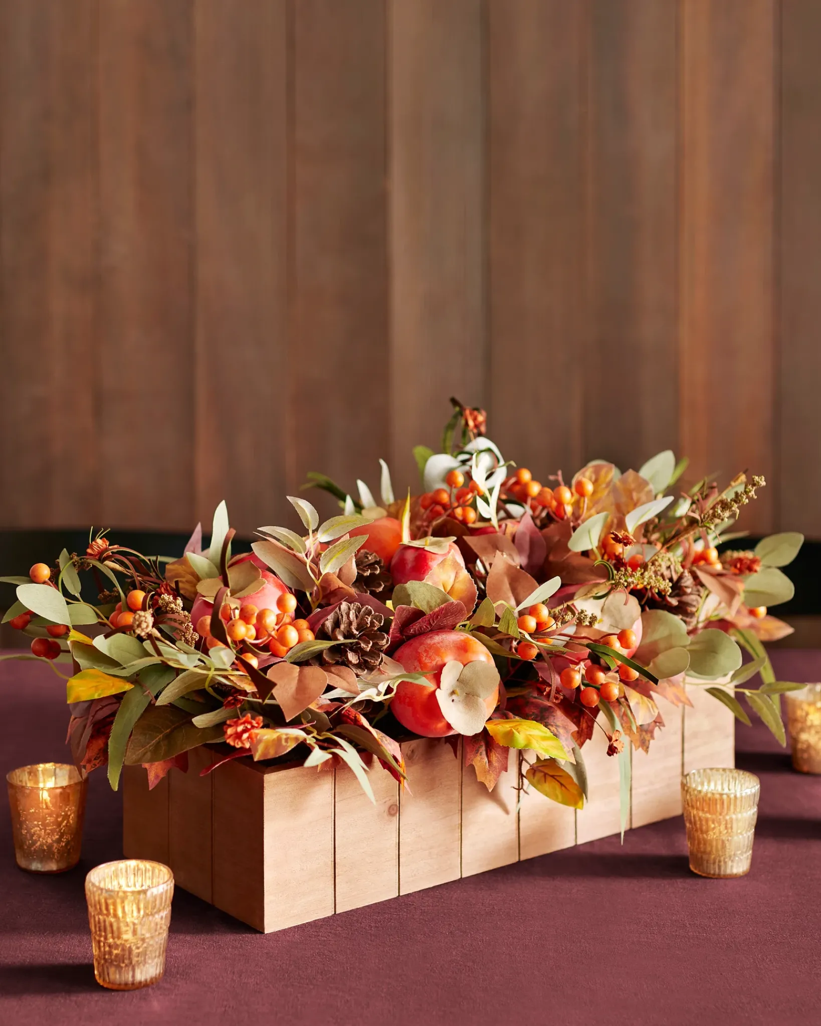 Hot Persimmon & Pinecone Foliage Garlands|Topiaries & Potted Flowers