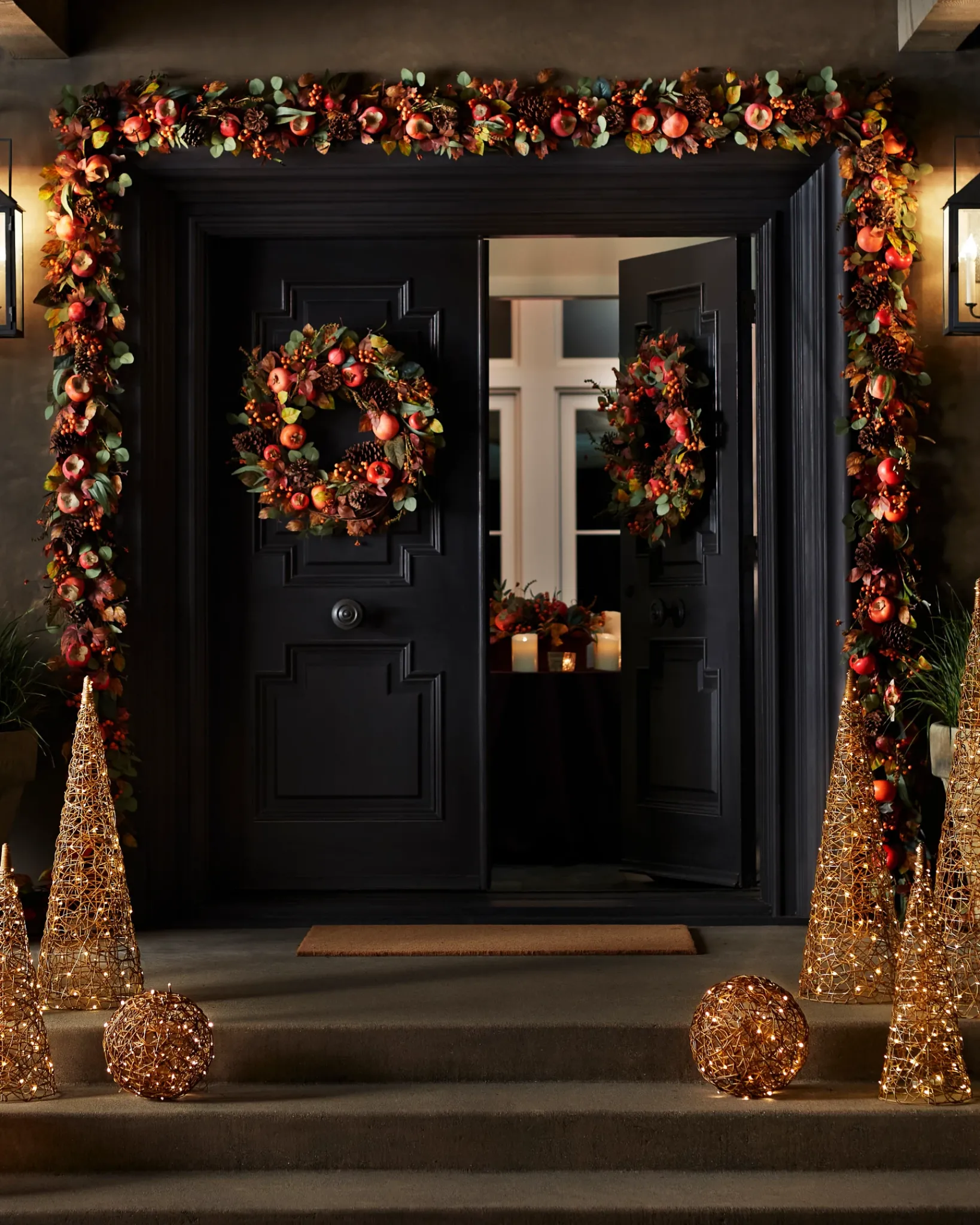 Hot Persimmon & Pinecone Foliage Garlands|Topiaries & Potted Flowers